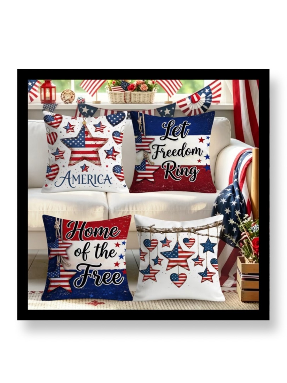🆕 4 pk Patriotic Red, White & Blue Decorative Pillow Cover Set - Home Holiday